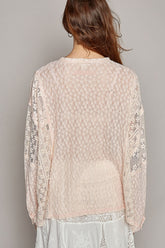 POL Round Neck Long Sleeve Raw Edge Lace Top OutfitFlow
